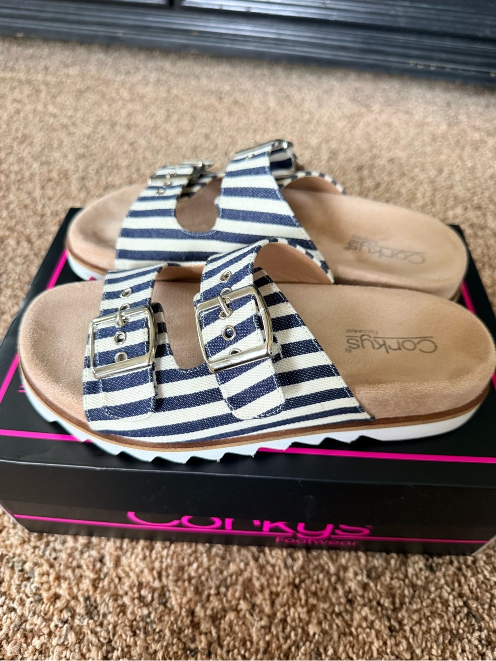 Corkys Navy and White Striped Double Buckle Slide Sandals - Picture 2 of 6